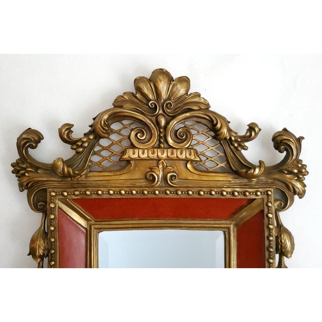 Maitland - Smith Beveled Wall Mirror With Candle Holders Faux Shagreen Red Porcelain & Brass Ormolu For Sale - Image 4 of 12