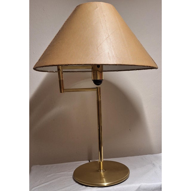 Vintage Brass Table Lamp with Handmade Faux Leather Swivel Shade, 1970s, in Good conditions. Designed 1970 to 1979...