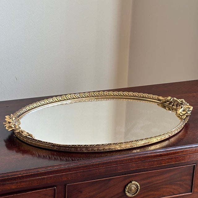 Mid 20th Century 1950s Hollywood Regency Mirrored Vanity Tray W/ Ornate Gold Plated Filigree Frame For Sale - Image 5 of 17
