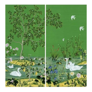 W20"*h40", Serene Garden Swan Chinoiserie Art Panel Set (2 Panels Without Frame),Tea Paper For Sale