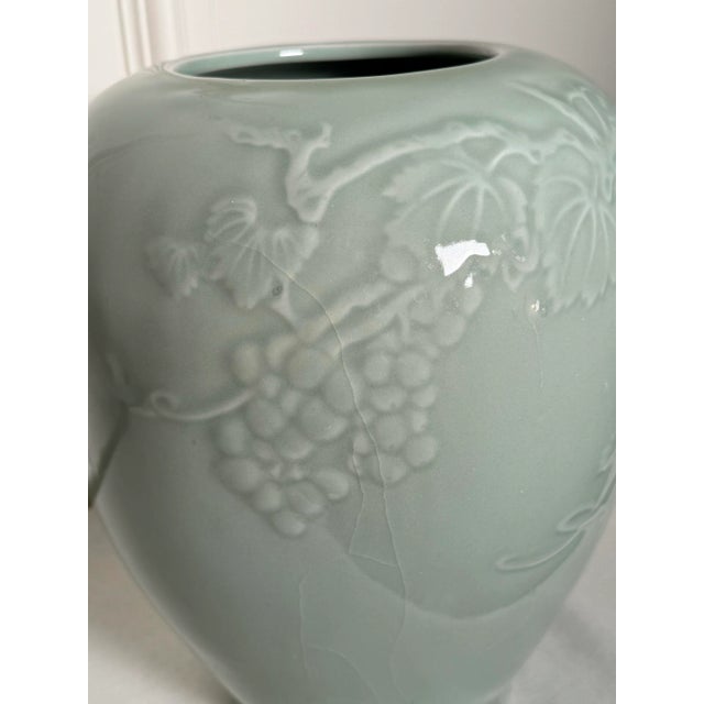 Asian Celadon Green Embossed Porcelain Vase, Grapes & Grapevine For Sale In Houston - Image 6 of 9