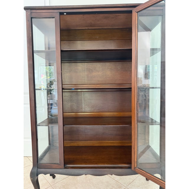 Antique Mahogany Wood Glass Curio Display Cabinet For Sale - Image 4 of 9