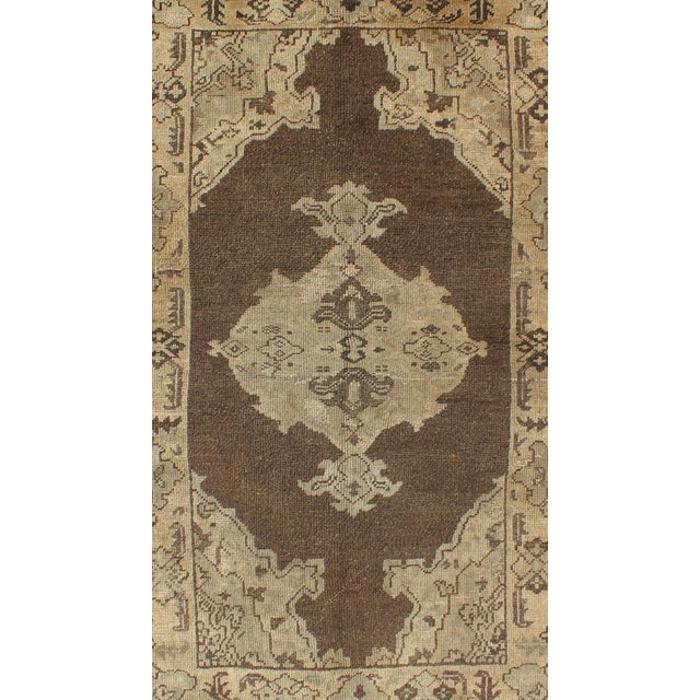 Traditional Chocolate Background Vintage Turkish Oushak Rug With Floral Medallion in Cream For Sale - Image 3 of 6