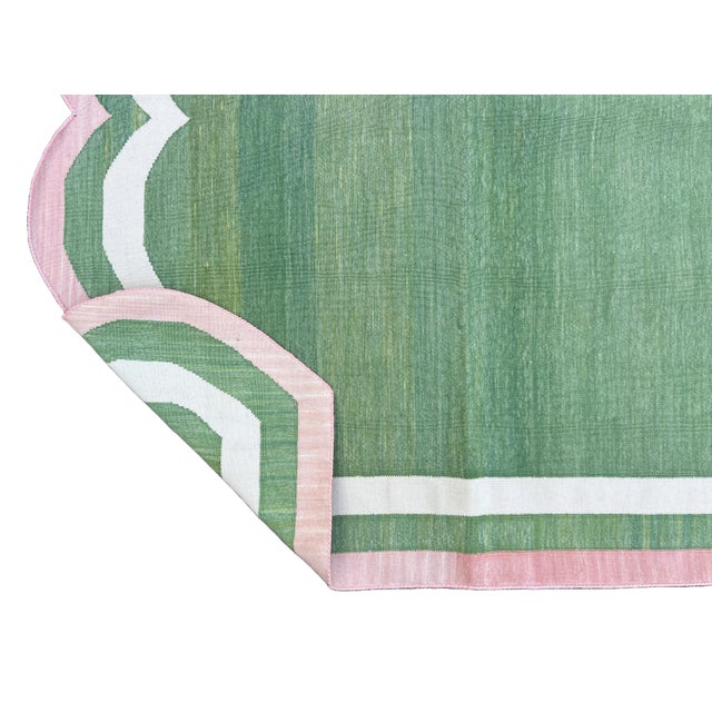 Casa Cosima Handmade Cotton Vegetable Dyed Scalloped Rug, Moss Green With Cream and Pink Border - 8'x10' For Sale - Image 4 of 10