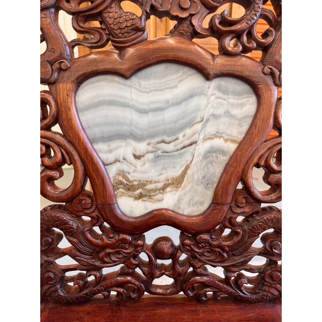 Wood Antique Chinese Rosewood Dragon Armchair – Peranakan Style Carved Chair With Marble Insert, C. Late 19th or Early 20th Century For Sale - Image 7 of 16