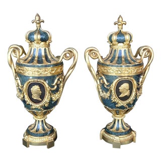 Pair of French Late 19th Century Bronze and Green Marble Urns For Sale
