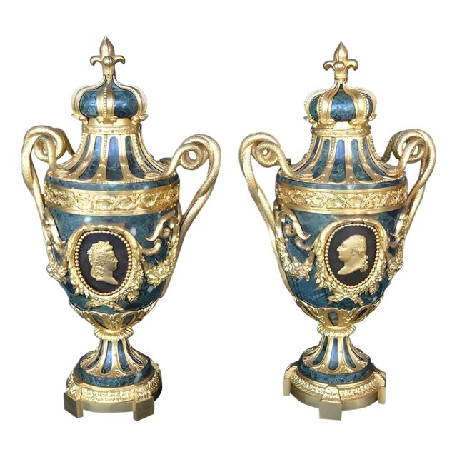 Pair of French Late 19th Century Bronze and Green Marble Urns For Sale