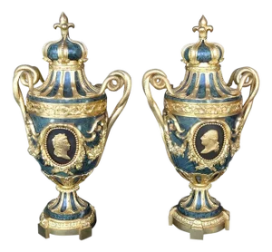 Pair of French Late 19th Century Bronze and Green Marble Urns