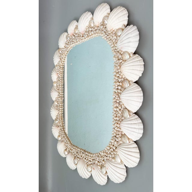 Vintage Coastal Shell Encrusted Wall Mirror – Scallop & Opalescent Sea Shell Frame | Hollywood Regency Coastal Glam For Sale - Image 9 of 13