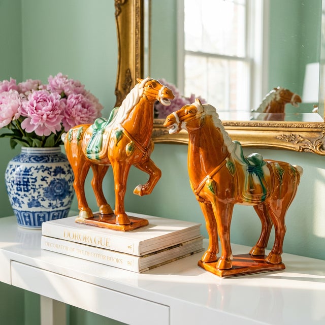 Vintage Pair of Tang Ceramic Horse Statues 14.5 Inch Tall Chinoiserie Statement Decor For Sale In Dallas - Image 6 of 16