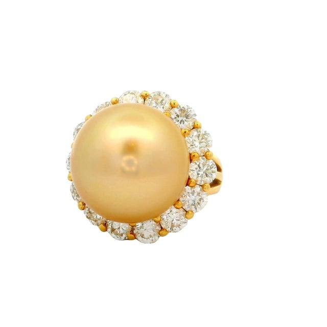 Contemporary Hubert 17mm Golden South Sea Pearl Diamond 18k Yellow Gold Cocktail Ring, Size 8.25 For Sale - Image 3 of 6