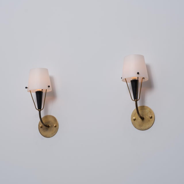 Metal Italian Brass, Black Metal and Opaline Glass Wall Sconces, 1950s, Set of 2 For Sale - Image 7 of 11