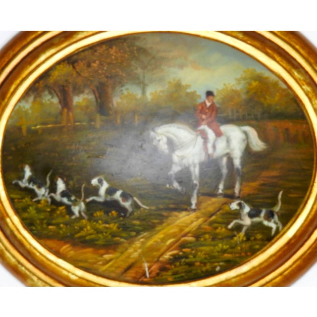 Featured is a 19th century oil painting on wood depicting an English hunting scene. This gorgeous piece is rich in detail...