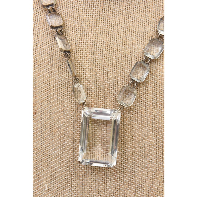 Vintage Art Deco Crystal and Silver Long Necklace With Faceted Square Pendant For Sale - Image 11 of 11