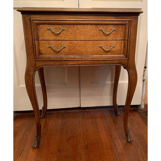 1970's Vintage Fruitwood Side Table with decorative brass drawer pulls and feet.