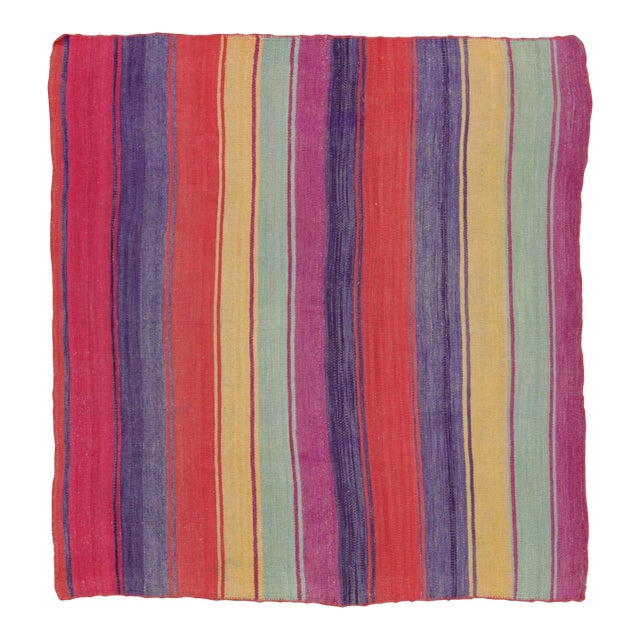 Vintage Peruvian Square Kilim, Vibrant Polychromatic Stripes - Rug & Kilim For Sale