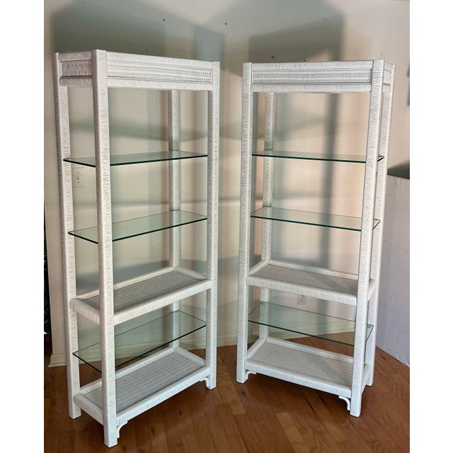 70s Vintage Henry Link White Wicker Lighted Etageres Display Glass Shelves - A Pair For Sale - Image 10 of 12