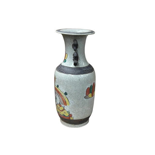 Orient Crackle Gray Warrior Graphic Artistic Pottery Ceramic Vase For Sale - Image 9 of 17
