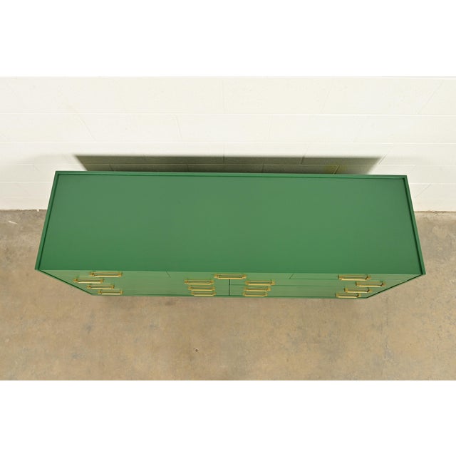 Michael Taylor for Baker Furniture Mid-Century Hollywood Regency Green Lacquered Campaign Dresser, Newly Refinished For Sale - Image 12 of 15
