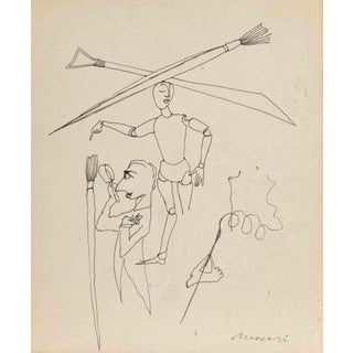 Mino Maccari, The Artist, Pen on Cardboard, 1950s For Sale