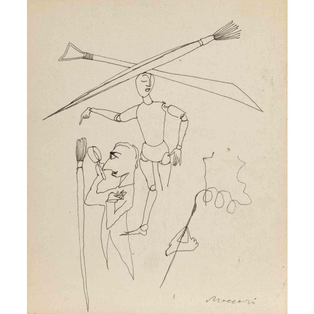 Mino Maccari, The Artist, Pen on Cardboard, 1950s For Sale