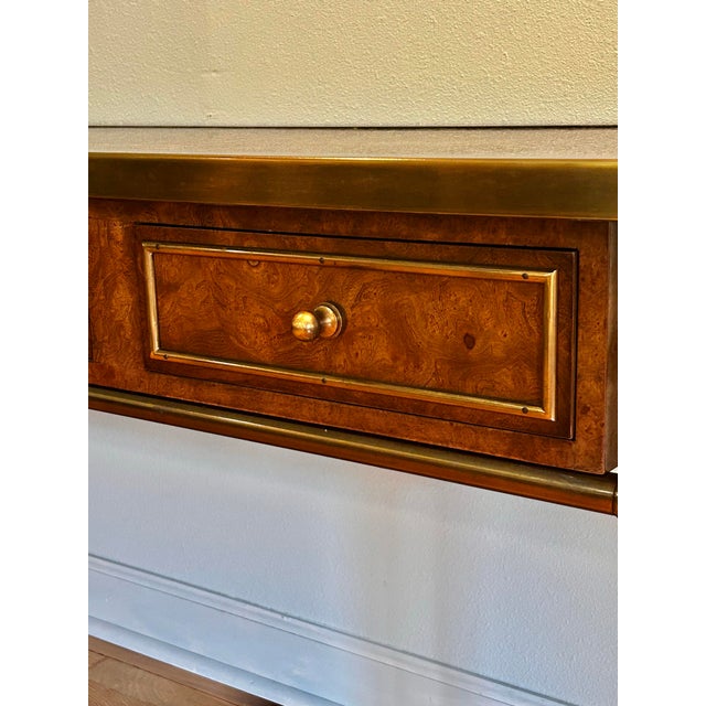 1970’s Mastercraft Attributed Brass Clad Faux Bamboo and Burl Wood 3 Drawer Console Table For Sale In New Orleans - Image 6 of 13