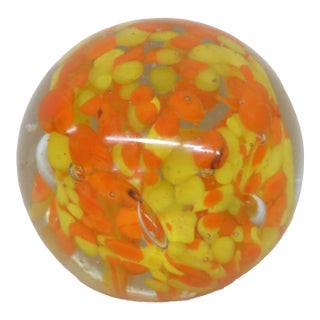Art Glass Paperweight Controlled Bubble With Yellow and Orange Speckles 4519b For Sale