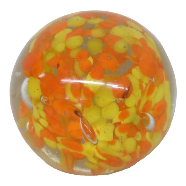 Art Glass Paperweight Controlled Bubble With Yellow and Orange Speckles 4519b For Sale