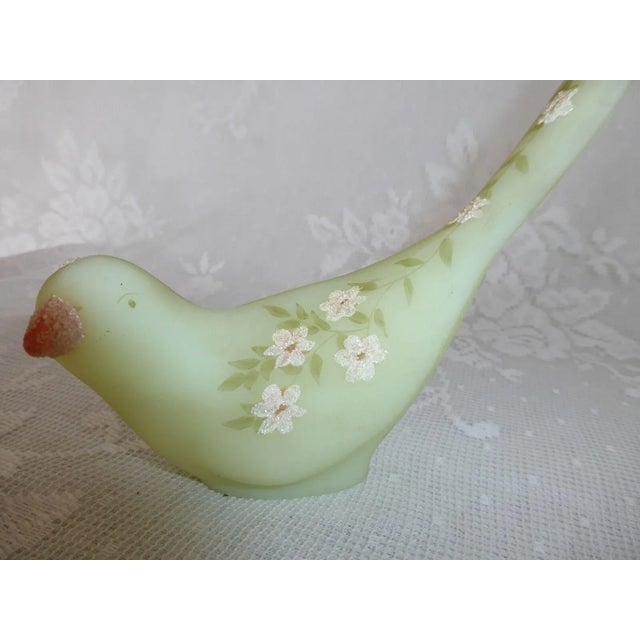 Fenton Art Glass Company Vintage Mid 20th Century Fenton "Happiness Bird" Green Custard Satin Glass Glitter Pink Flowers Signed by B. Montgomery For Sale - Image 4 of 9