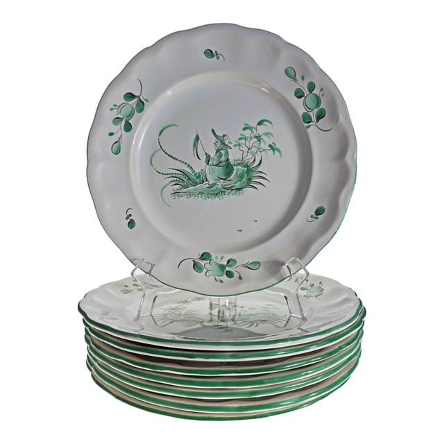 1980s French Chinoiserie St Clément Faience Dinner Plates East Wind Pattern - Set of 8 For Sale