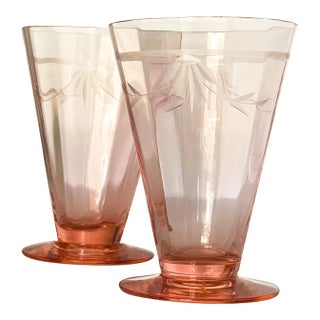 1930s Tiffin Franciscan Etched Pink Optic Glass Juice Glasses-a Pair For Sale