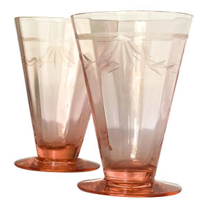 1930s Tiffin Franciscan Etched Pink Optic Glass Juice Glasses-a Pair