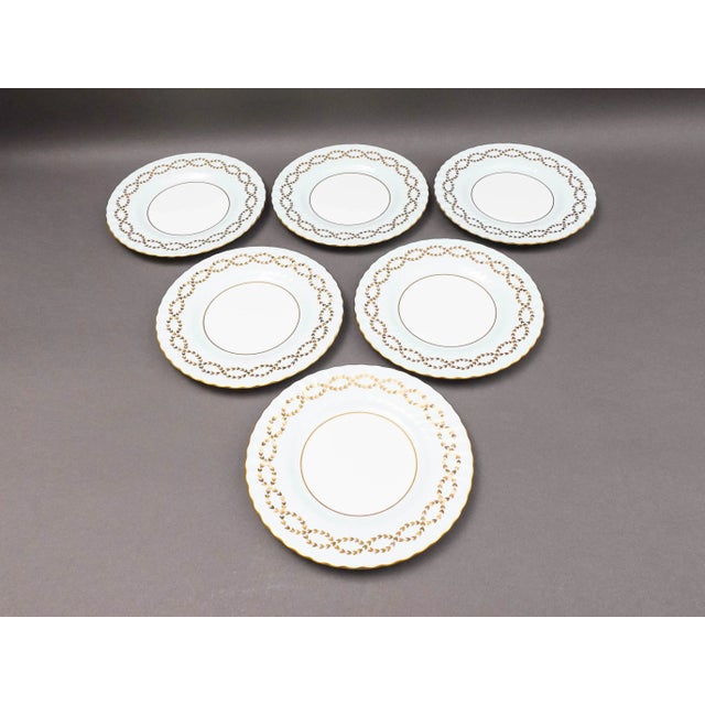 Minton England Tiffany S600 Intertwined Gold Laurel Leaf Light Blue Swirl Luncheon Plate Set Of 6 Measures approximately 8...