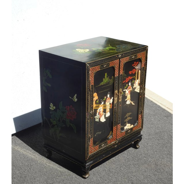 Asian Vintage Oriental Black Lacquer Hand Painted Two Door Cabinet ~ Mother of Pearl For Sale - Image 3 of 12