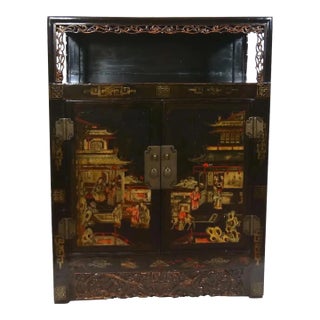 Hand Painted Black Lacquered Two Piece Cabinet For Sale