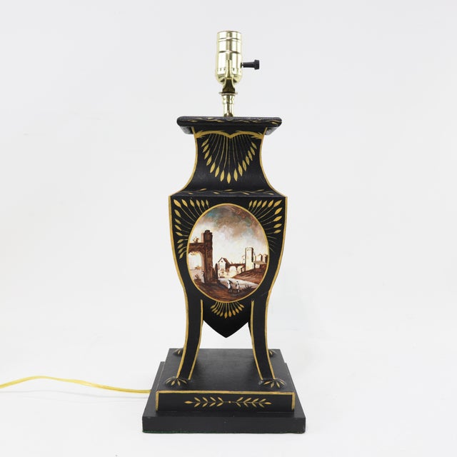 Vintage Hand Painted Black Tole Table Lamp With Scenic and Grape Motifs For Sale - Image 10 of 10