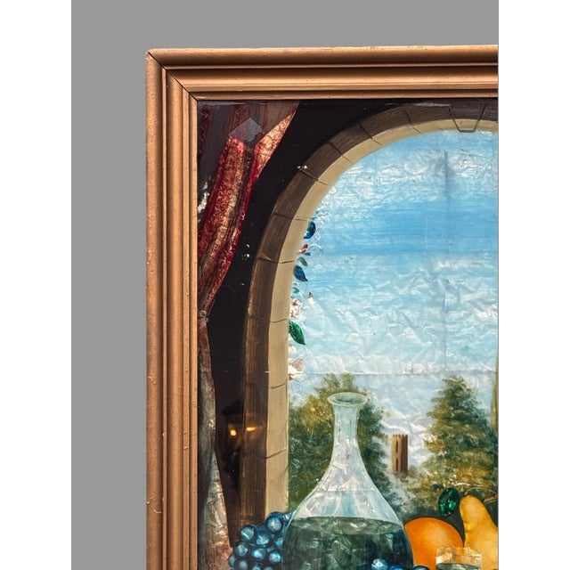 American Antique Foil Art Reverse Harvest Feast Still Life Painting Beneath Glass For Sale - Image 3 of 12