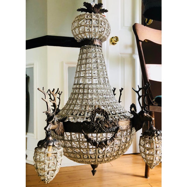 1970s Large Aged Bronze Deer Head Stag Chandelier For Sale - Image 11 of 13