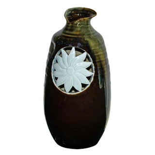 Modern Handmade Artistic Odd Shape Multi Brown Gloss Grace Vase With Sun Flower Graphic For Sale