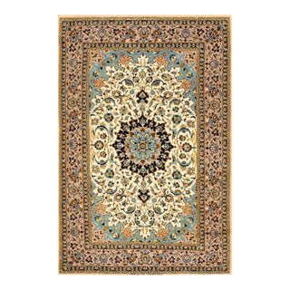 1940s Beige Floral Medallion Antique Persian Isfahan Rug 3' 7'' X 5' 5'' Handknotted Wool Carpet For Sale