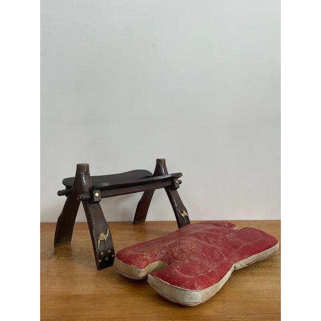 Vintage Mid-Century Egyptian Camel Saddle Stool – Red Leather & Brass Details For Sale - Image 12 of 13