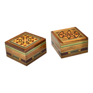 Mid 20th Century Handmade Moorish-Patterned & Inlaid Damascene Boxes - S/2 For Sale