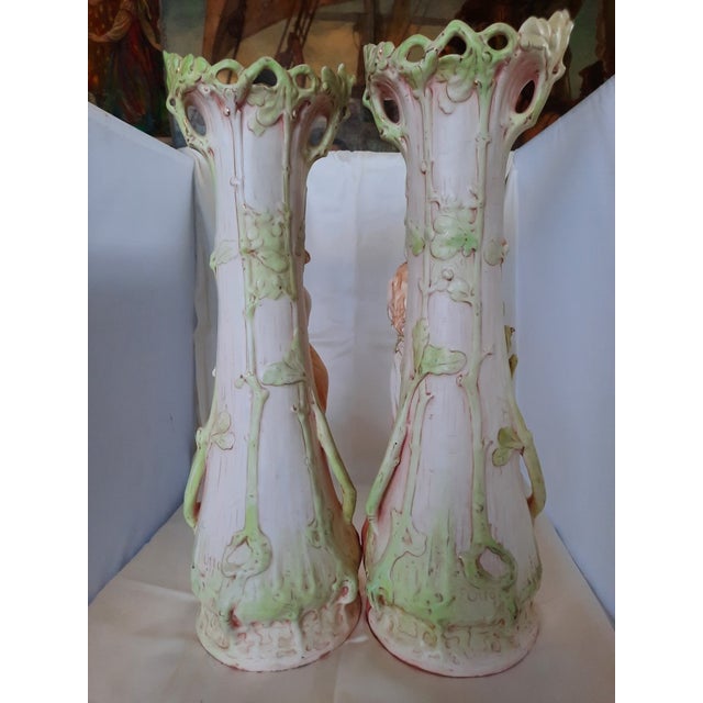 Antique Royal Dux Bohemia Art Nouveau Porcelain Nymph Vases, Pair - C. 1920s For Sale - Image 9 of 9
