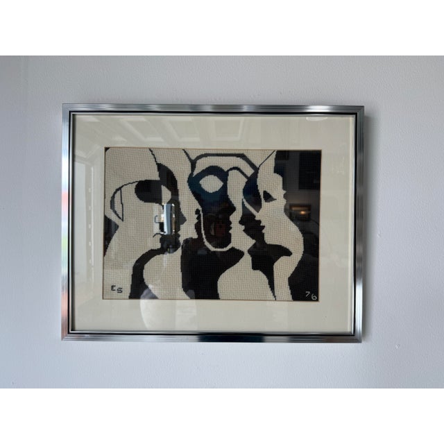 1976 Mid-Century Modern Abstract Figural Needlepoint Textile Wall Art – Framed For Sale - Image 4 of 12