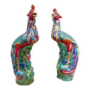 Vintage Chinese Export Porcelain Phoenix Peacock Statues - A Pair