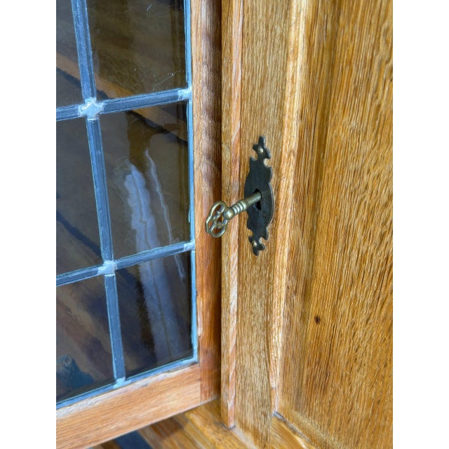Wood Oak Sideboard Cabinet Leaded Glass Doors in Style of Henning Kjaernulf Denmark 1960s For Sale - Image 7 of 9