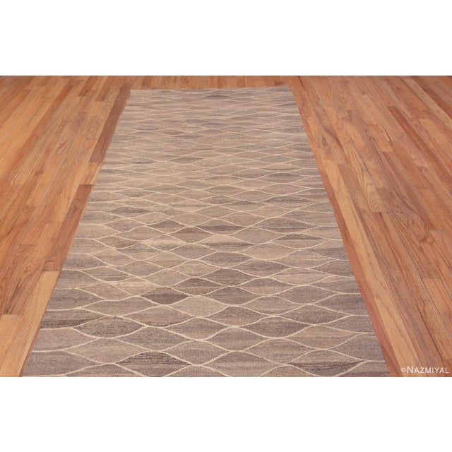 Tribal Neutral Earthy Long and Narrow Modern Hallway Flatweave Runner Kilim For Sale - Image 3 of 8