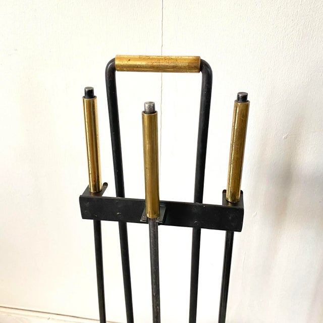 Mid Century Modernist Fireplace Tool Set Black Wrought Iron & Brass For Sale - Image 6 of 9