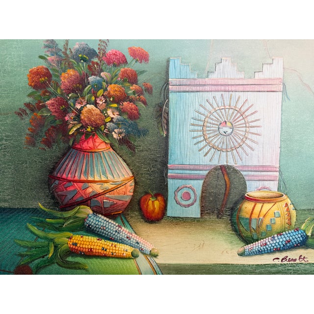 Late 20th Century Textured Signed Oil Painting Still Life, Folk Art Pottery Corn Adobe Scene Art For Sale - Image 10 of 10