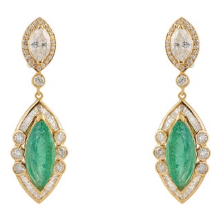 14k Yellow Gold 6.9ct Emerald & 3.24ct Diamond Art Deco Earrings- 2 Pieces For Sale